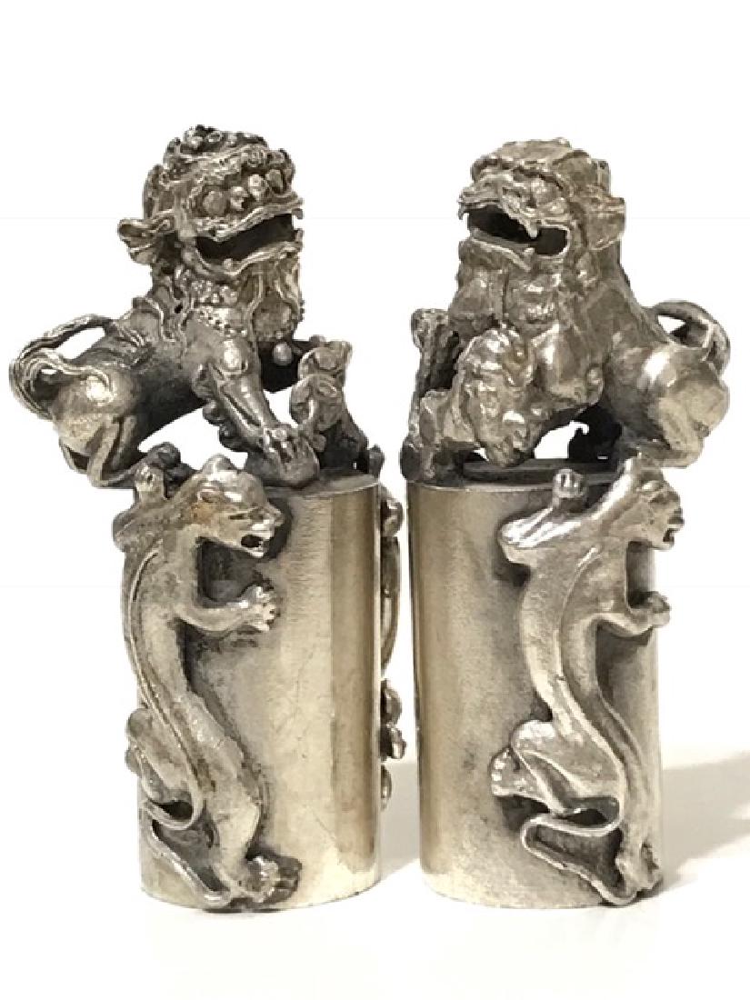 Solid Tibet Silver KYLIN Temple Guardian FOO DOGS: Chinese Hallmarked Solid Tibetan Silver Foo Dogs