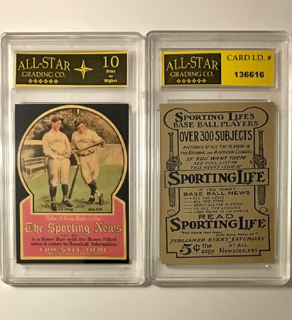 BABE RUTH - LOU GEHRIG Advertising Baseball Card: “SPORTING NEWS” Advertising Promo Card – Gem 10