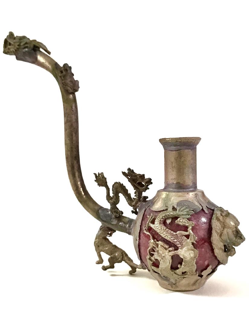 Chinese Folk Art Red JADE & SILVER Opium Pipe: Handmade Red JADE & Tibet SILVER Folk Art Pipe MUST SEE ALL PHOTOS