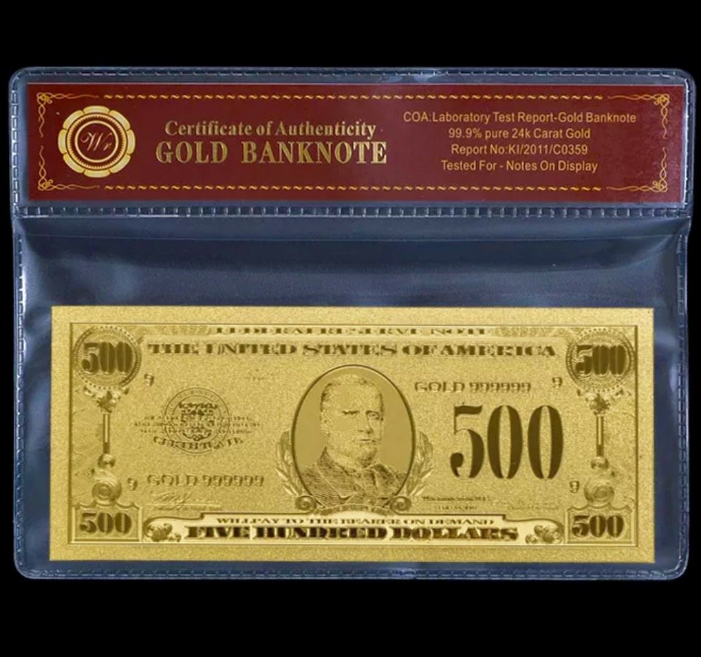 99.9% Pure 24k Lab Tested $500 Gold Foil Banknote: Tested for Notes on Display