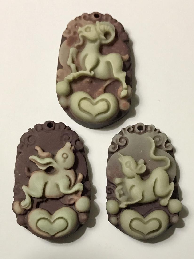 Early Chinese Hand Carved Purple JADE Amulets: LOT OF 3 – Purple Robe Jade Chinese Zodiac Amulets