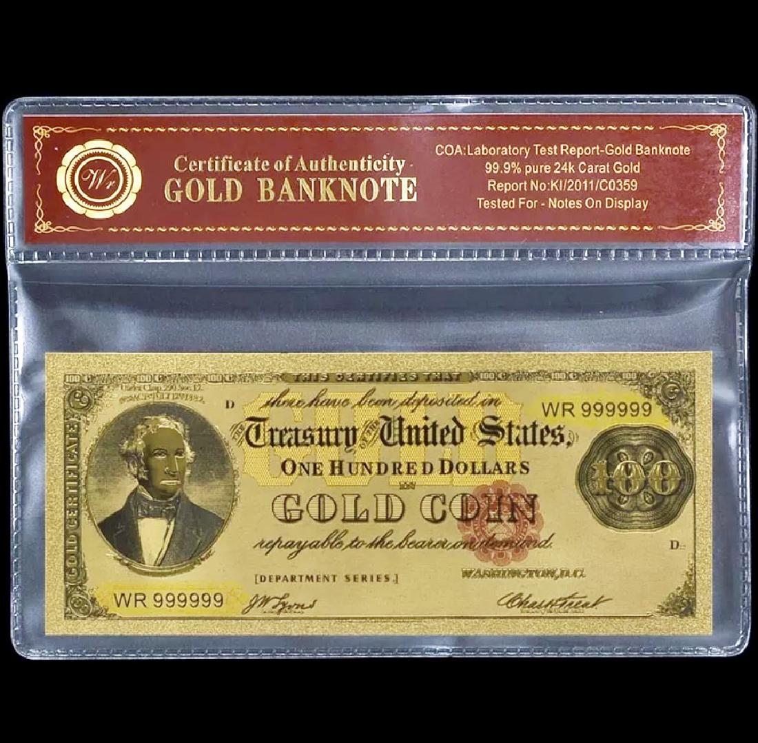 1882 – 24k Gold $100 - U.S. Gold Certificate Bill: Treasury of the United States 99.9% pure Gold Lab Tested for Bank Notes on Display Multiple Photos Posted