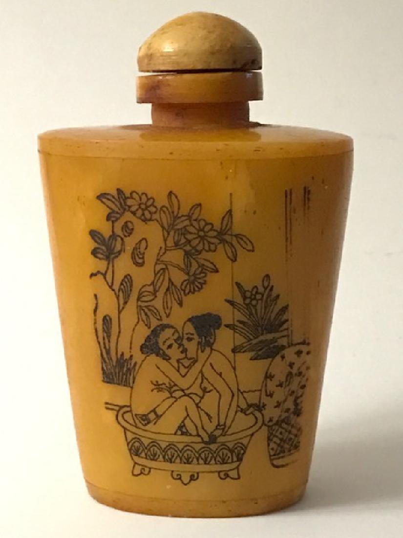 Erotic Scrimshaw Ox Bone Chinese Snuff Bottle: Multi Sided Imagery - Great Piece – See all Photos
