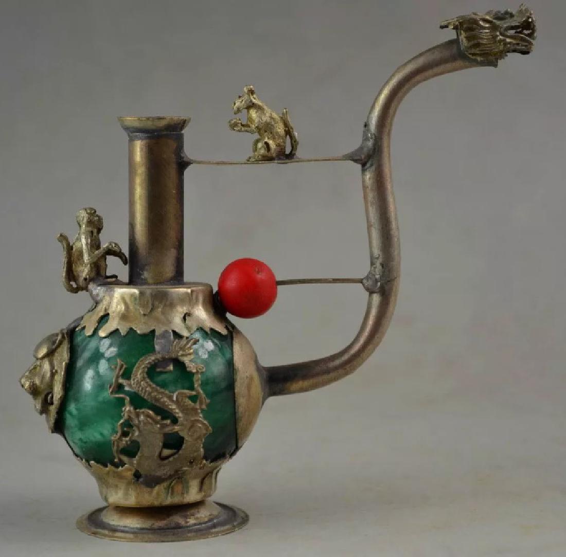 Chinese Folk Art Green JADE & SILVER Opium Pipe: Handmade Green JADE & Tibet SILVER Folk Art Pipe MUST SEE ALL PHOTOS