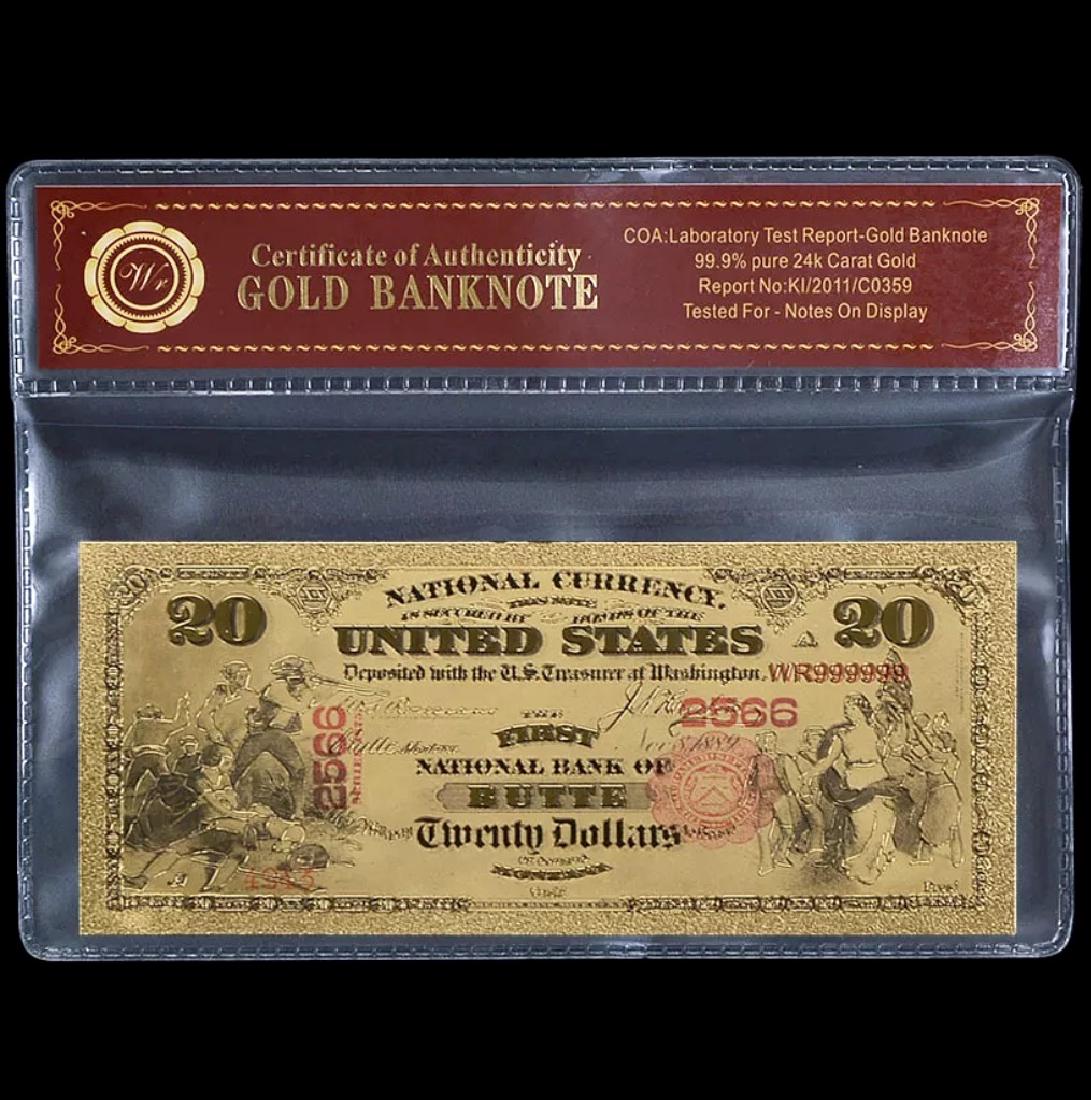 1875 – 24k Gold $20 - U.S. Banknote Currency Bill: First National Bank of Butte Montana 99.9% Gold Lab Tested for Bank Notes on Display Multiple Photos Posted