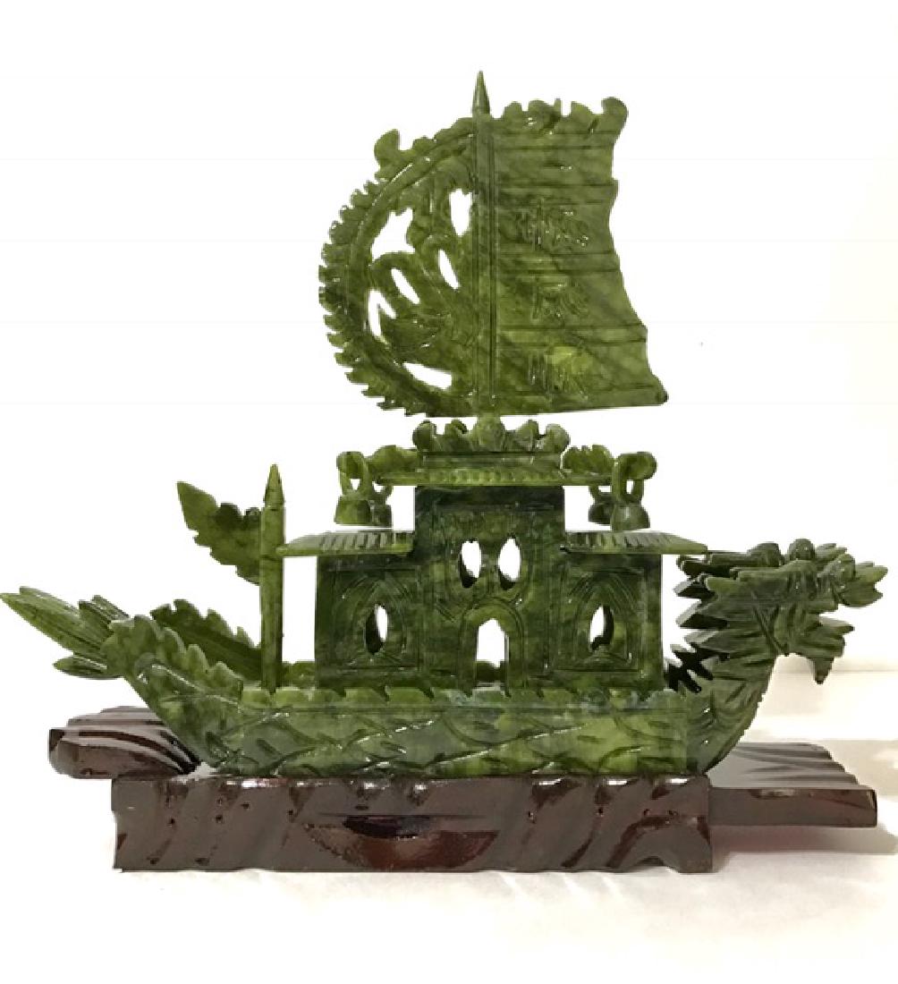 LG. Hand Carved Natural Jade Chinese Dragon Boat: 12â€ x 11â€ - Ornate â€“ Spinach Jade â€“ See all Photos