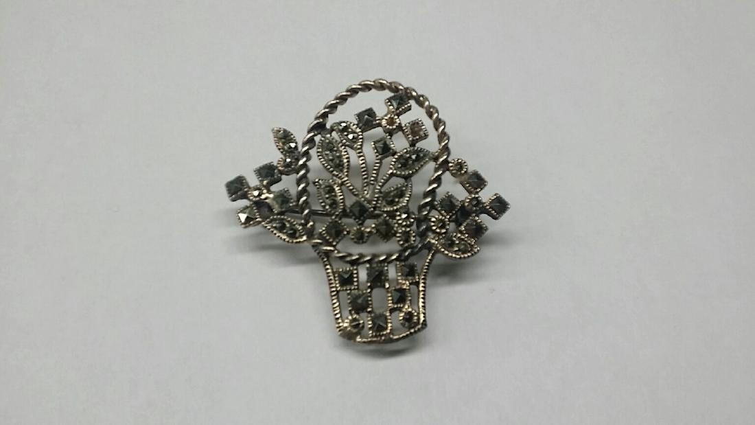 Vintage Sterling Silver & Marcasite Brooch: Floral Basket Design