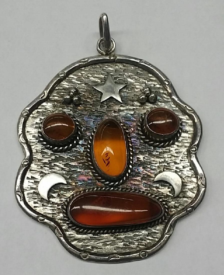 Large Sterling Silver & Amber Pendant: Clown Face? Moon And Stars, Heavy Piece