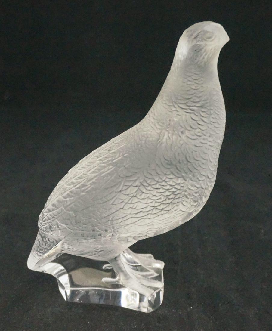Lovely Signed Lalique French Crystal Quail: It measures 8" from tail to head and 7.25 " tall", it is in good condition without any chips, cracks or flea bites.