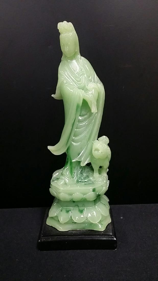 Oriental Godess Figure on Wood Base: Seems to be a Jade Colored Resin