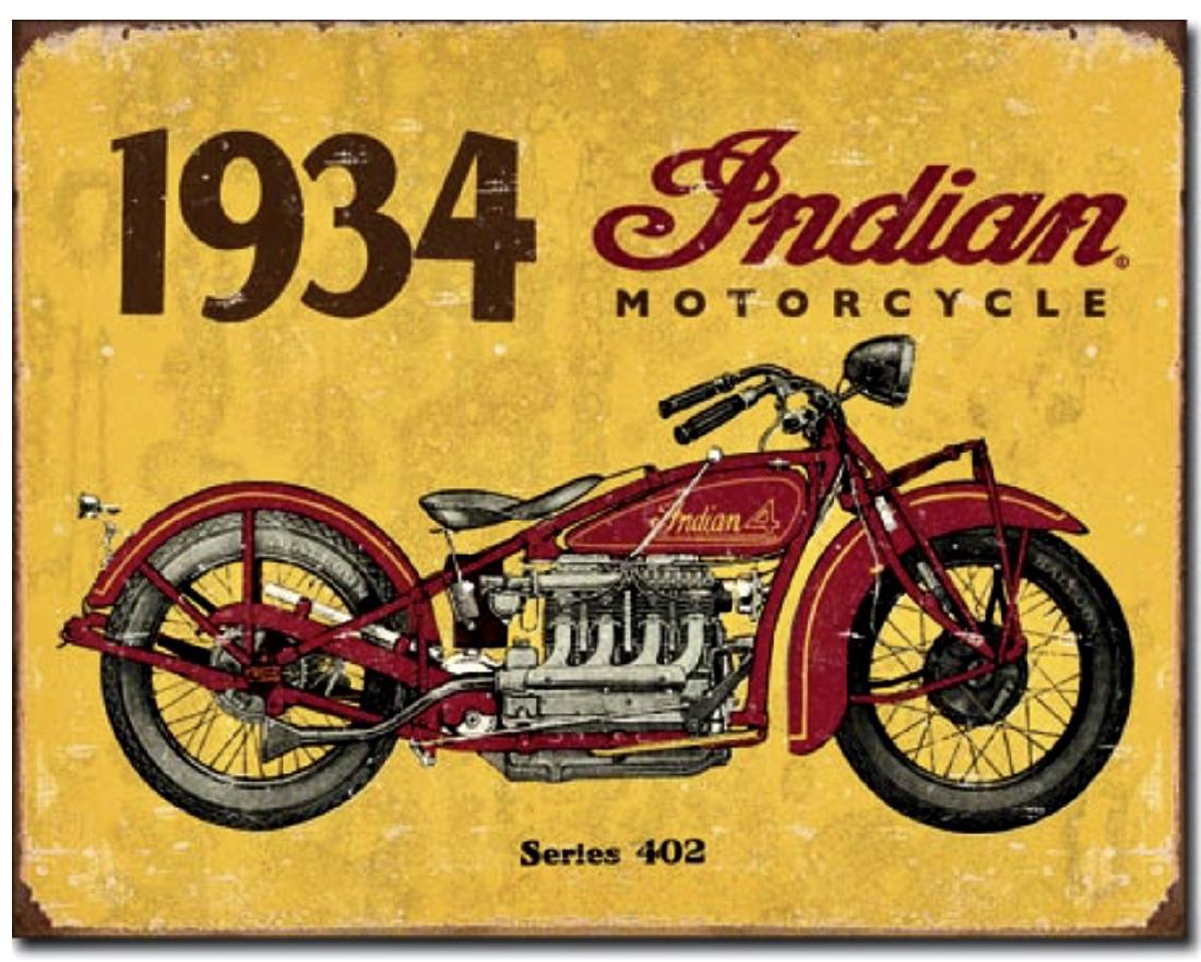 1934 INDIAN MOTORCYCLES Nostalgic Metal Sign: 15” x 12”