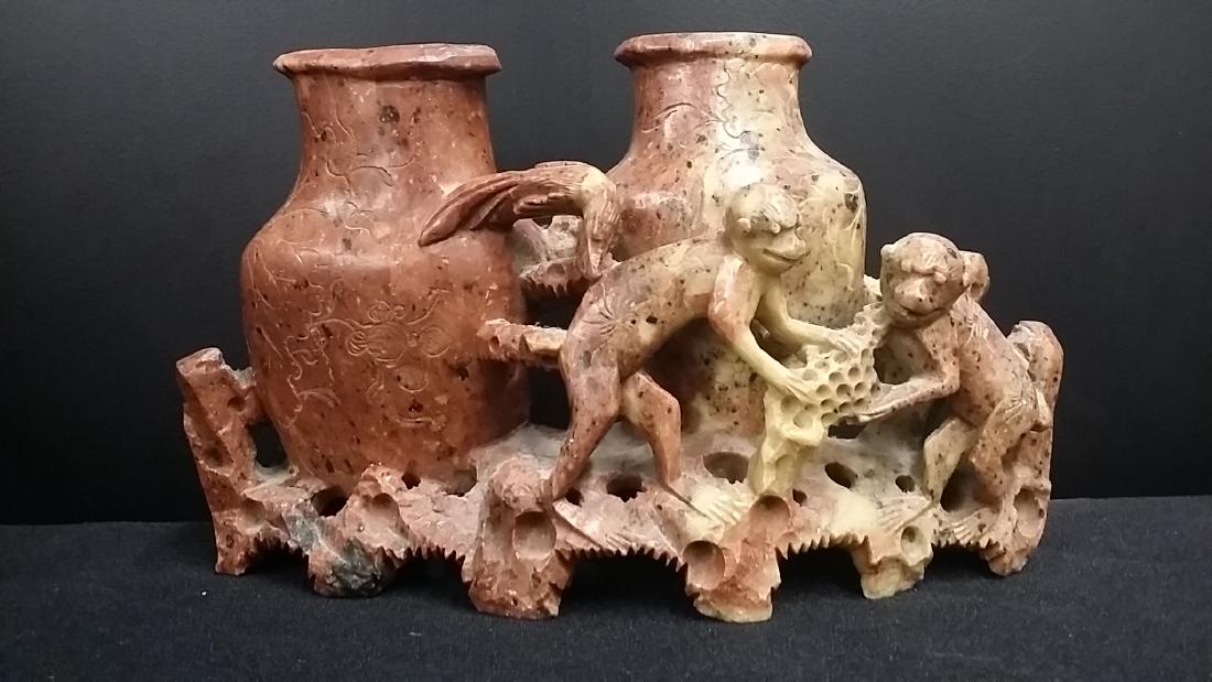 Vintage Chinese Soapstone Carving: Depicting Vases & Monkeys