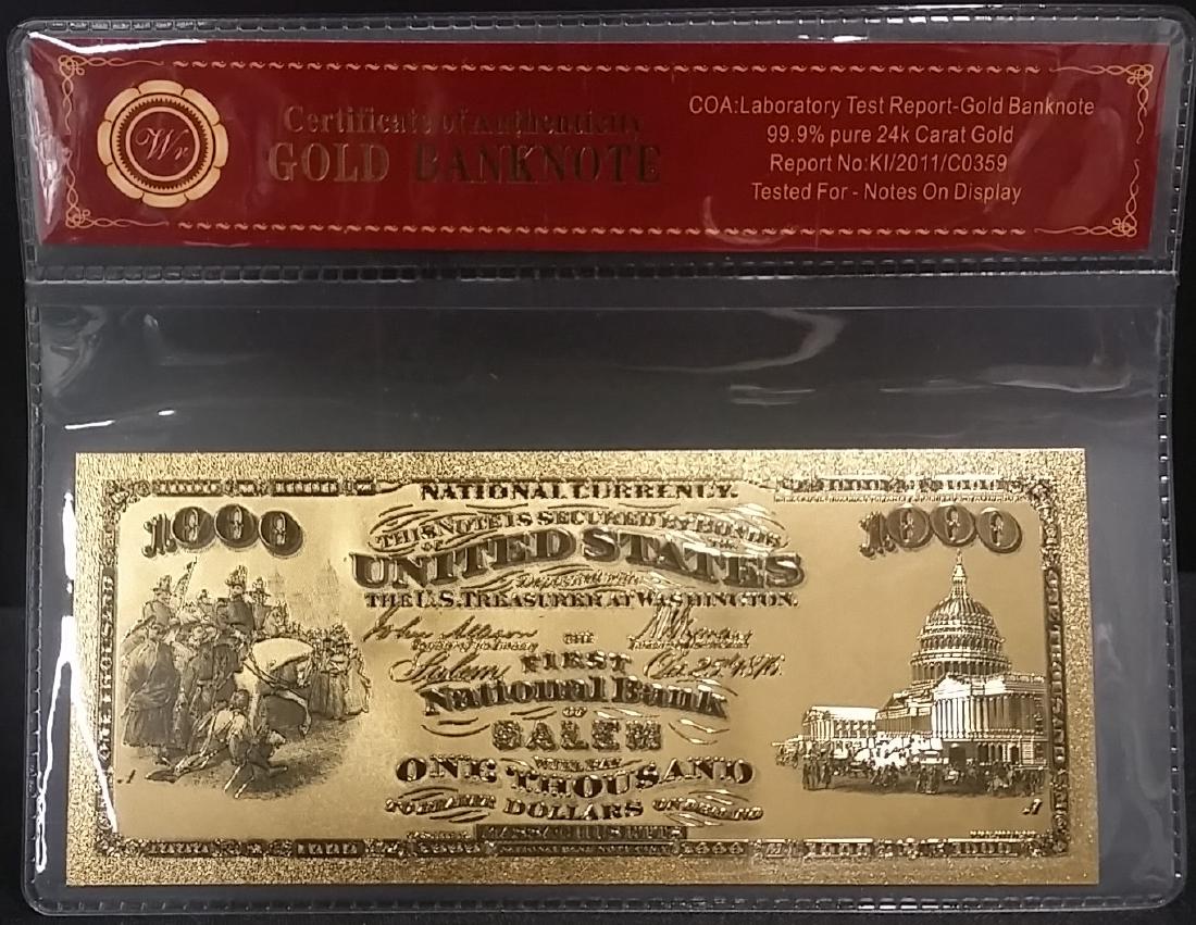 1875 Lab Tested Pure 24k Gold $1000 U.S. Banknote: First National Bank of Salem Massachusetts - Tested for