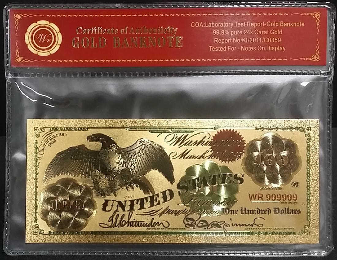 1863 Civil War 24k Gold $100 U.S. Eagle Banknote: 99.9% Gold Lab Tested for Bank Notes on Display