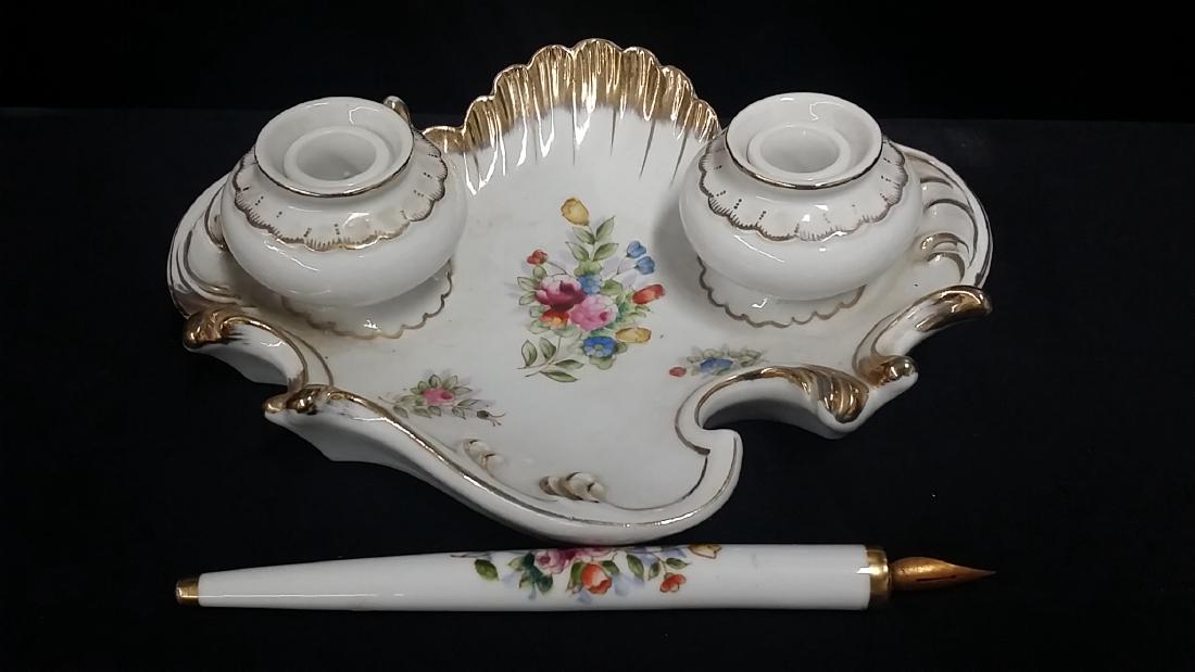 Vintage Meissen Style Porcelain Inkwell: With Pen