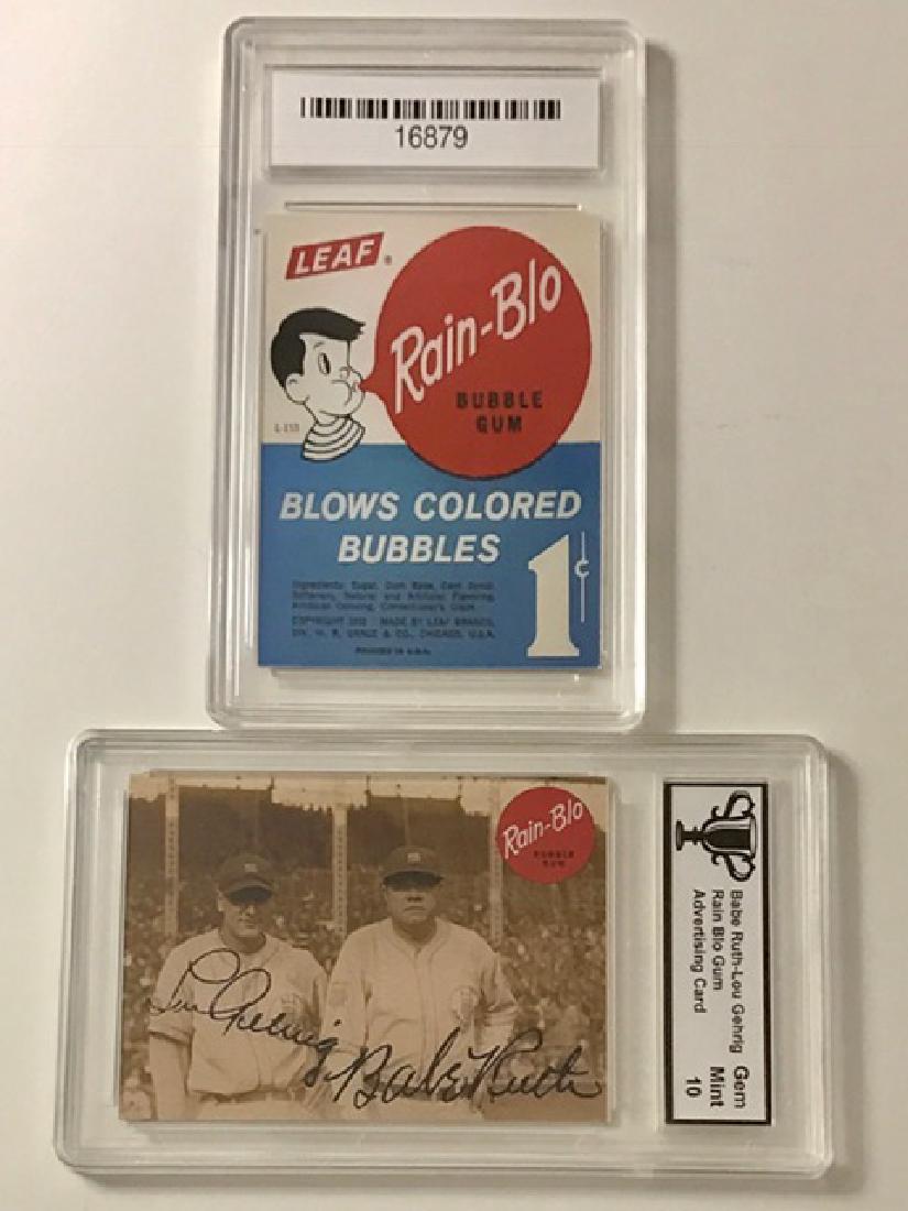 BABE RUTH & LOU GEHRIG Advertising Baseball Card: “RAIN-BLO GUM” Gem Mint 10 Advertising Card