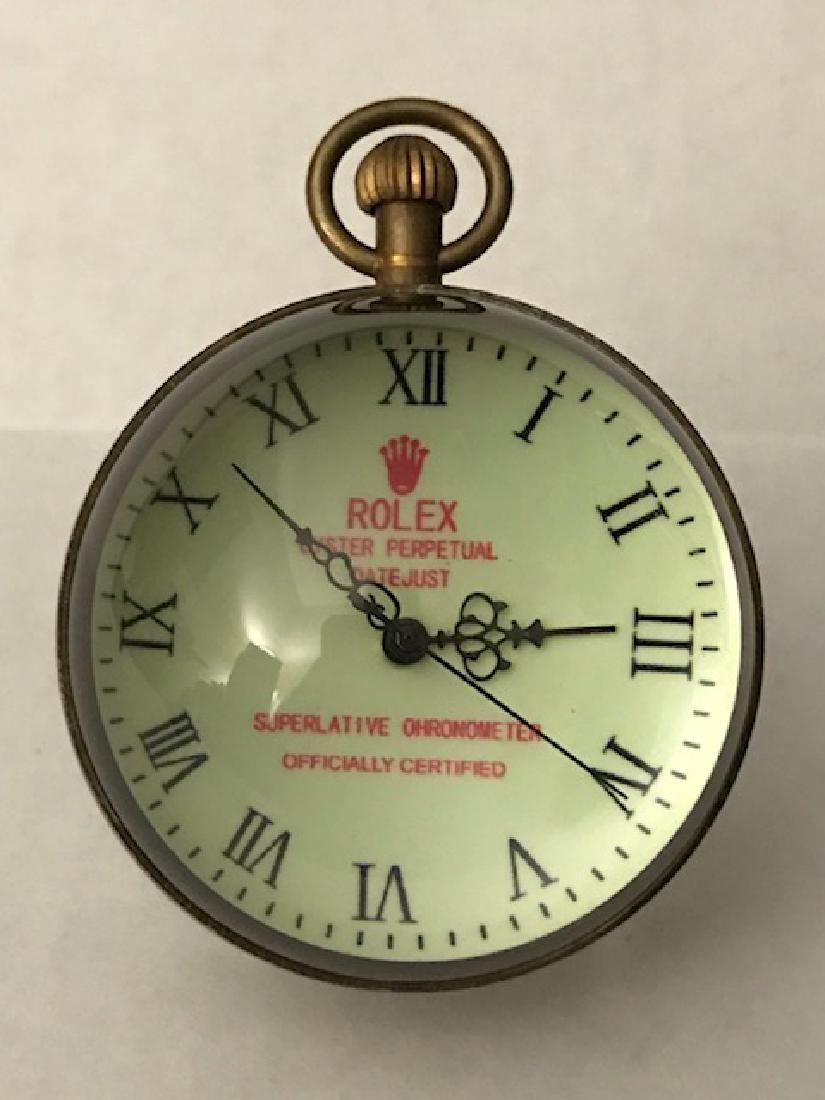 ROLEX Style Oyster Perpetual Spherical Mechanical Clock: Works Perfectly - Skeleton Back – Glass & Brass Casing, This is a copy / replica of a Rolex movement.