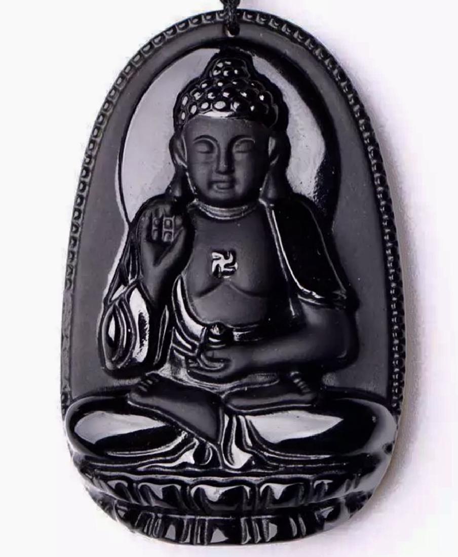 Ornate Natural BK Obsidian Chinese Buddha Amulet: Ornate Natural BK Obsidian Chinese Buddha Amulet