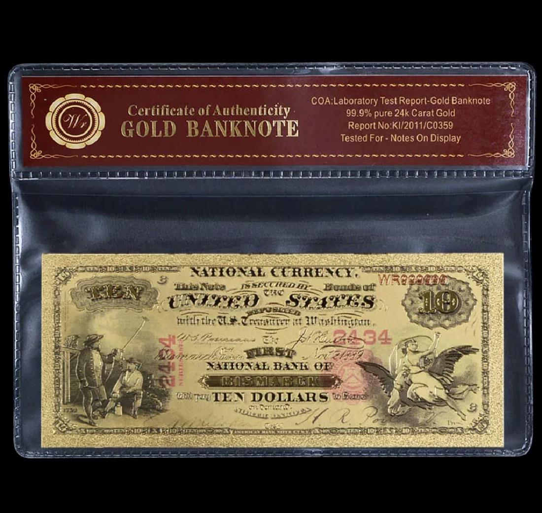 1875 – 24k Gold $10 - U.S. Banknote Currency Bill: First National Bank of Bismarck North Dakota