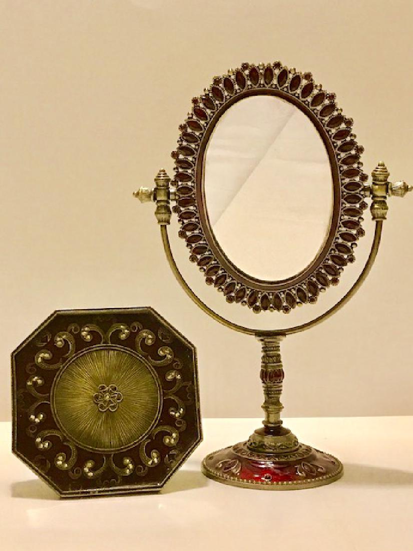 Lot of 2 - Jeweled & Enameled Vanity Mirror +: Mirror & Tray