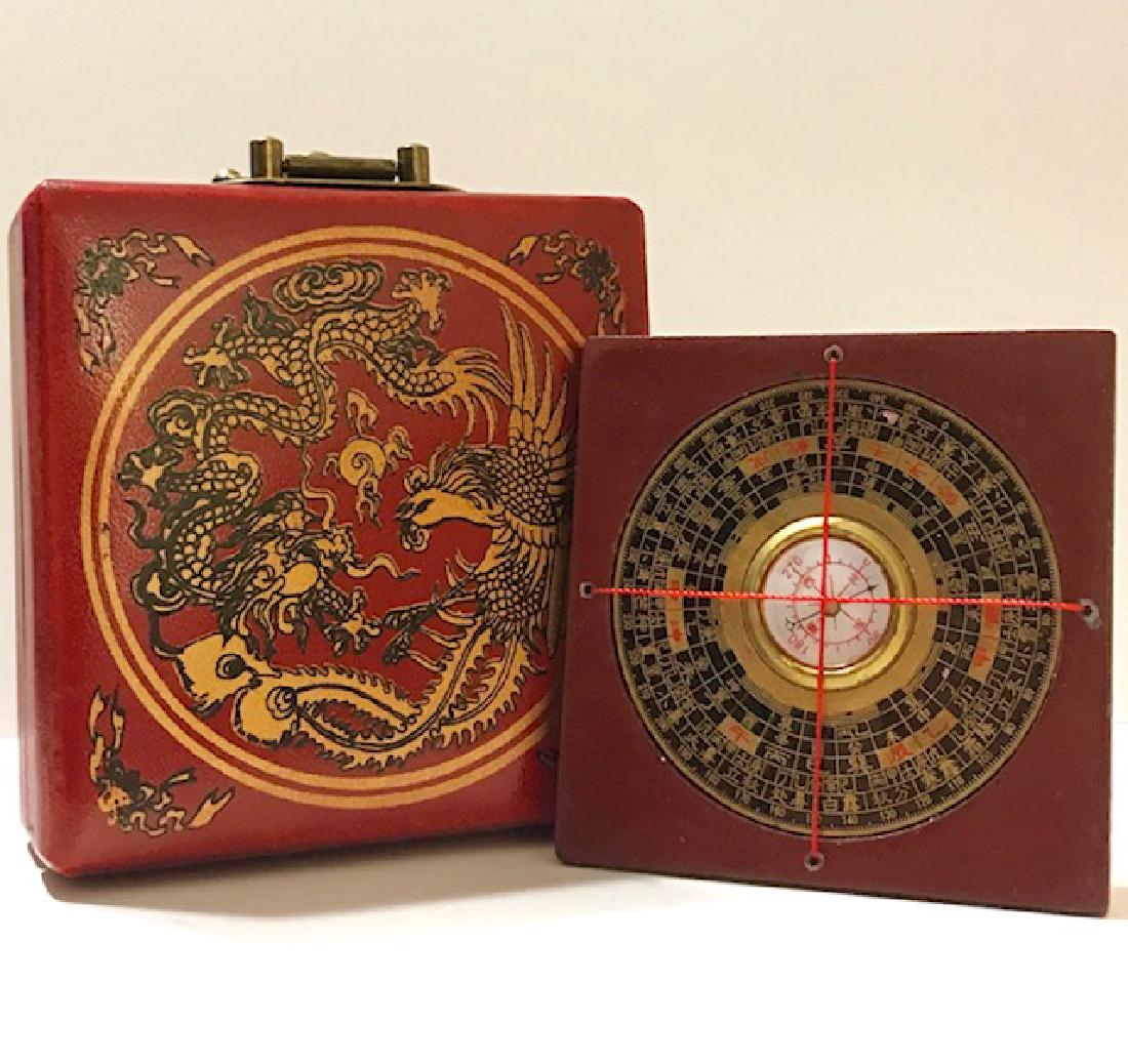 Vintage Chinese Compass in Original Leather Box: Leather Wrapped Dragon & Phoenix Box Multiple Photos Posted