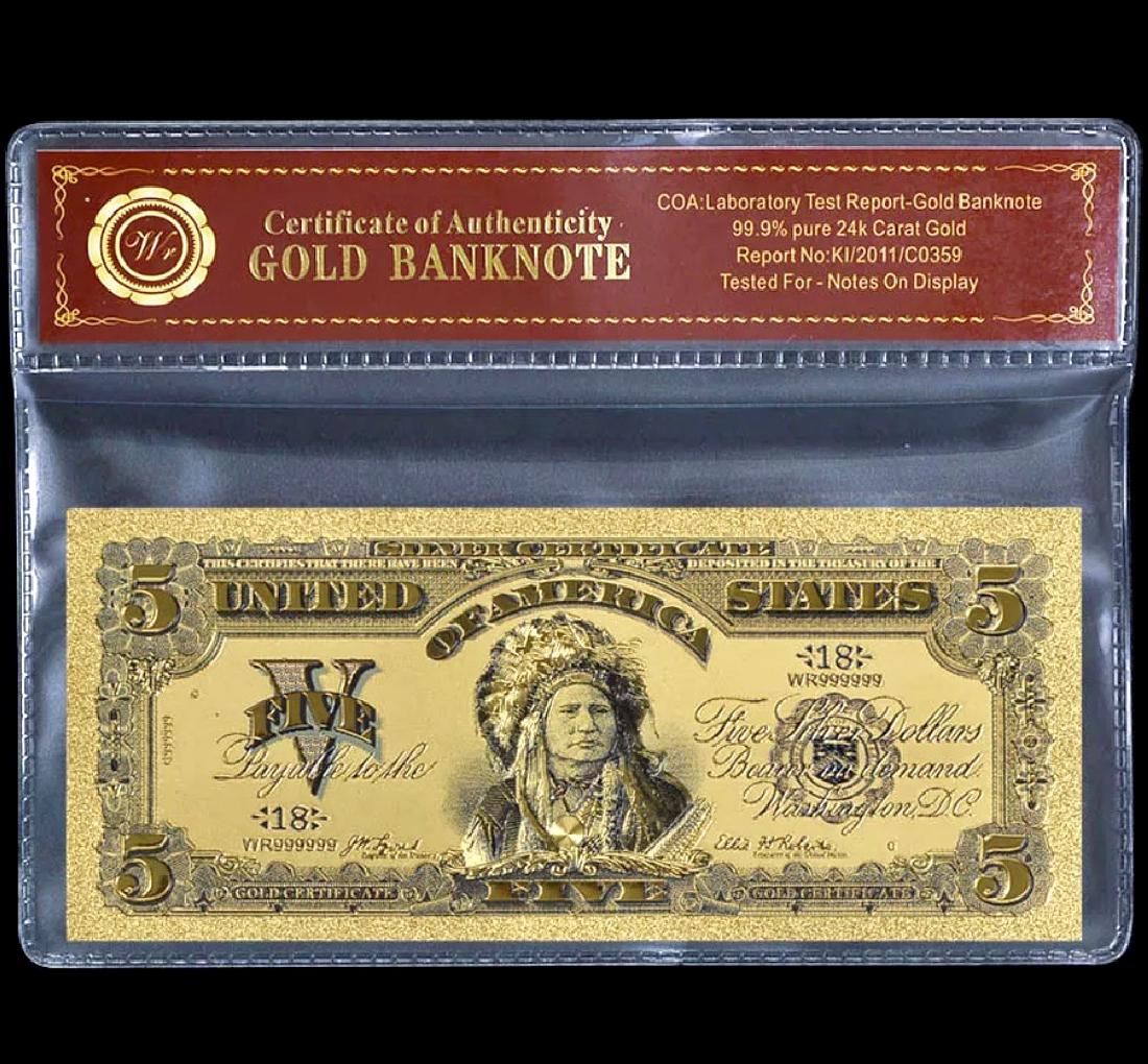 1899 Tested 24k Gold Indian $5 Gold Certificate: Tested for Notes on Display – See all Photos