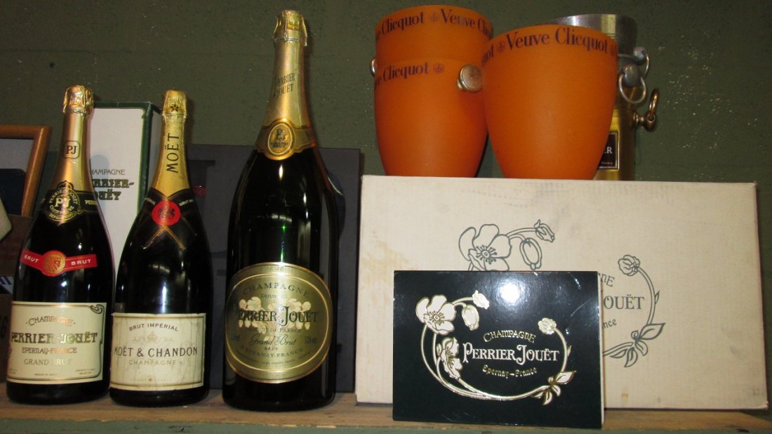 Large Assorted Champagne Lot: Large Champagne & Advertising Collection Perier Jouet, Dom, Unopened Full Magnum Perier Jouet Champagne in box w 36 (24 new in boxes) Perrier Jouet glasses, unopened empty 20" 3000ml Perier Jouet Cham