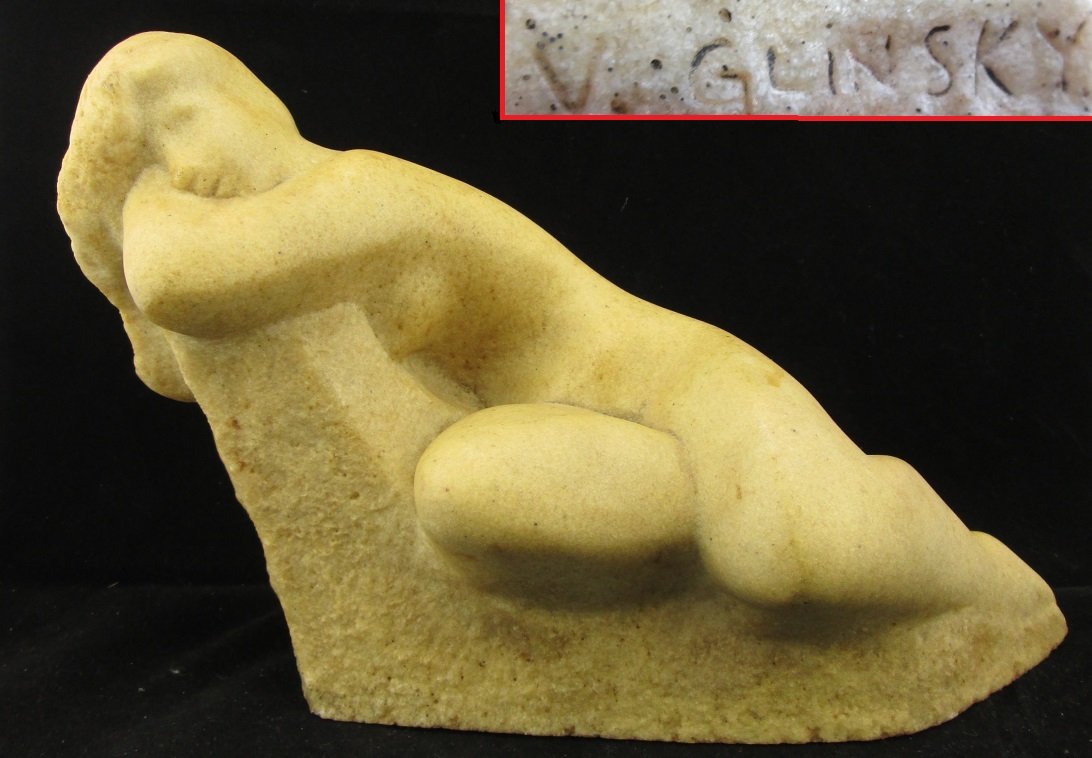 Rare Artist Signed Vincent Glinsky Nude Sculpture: Hand Carved - Large & Heavy but Composite Unknown