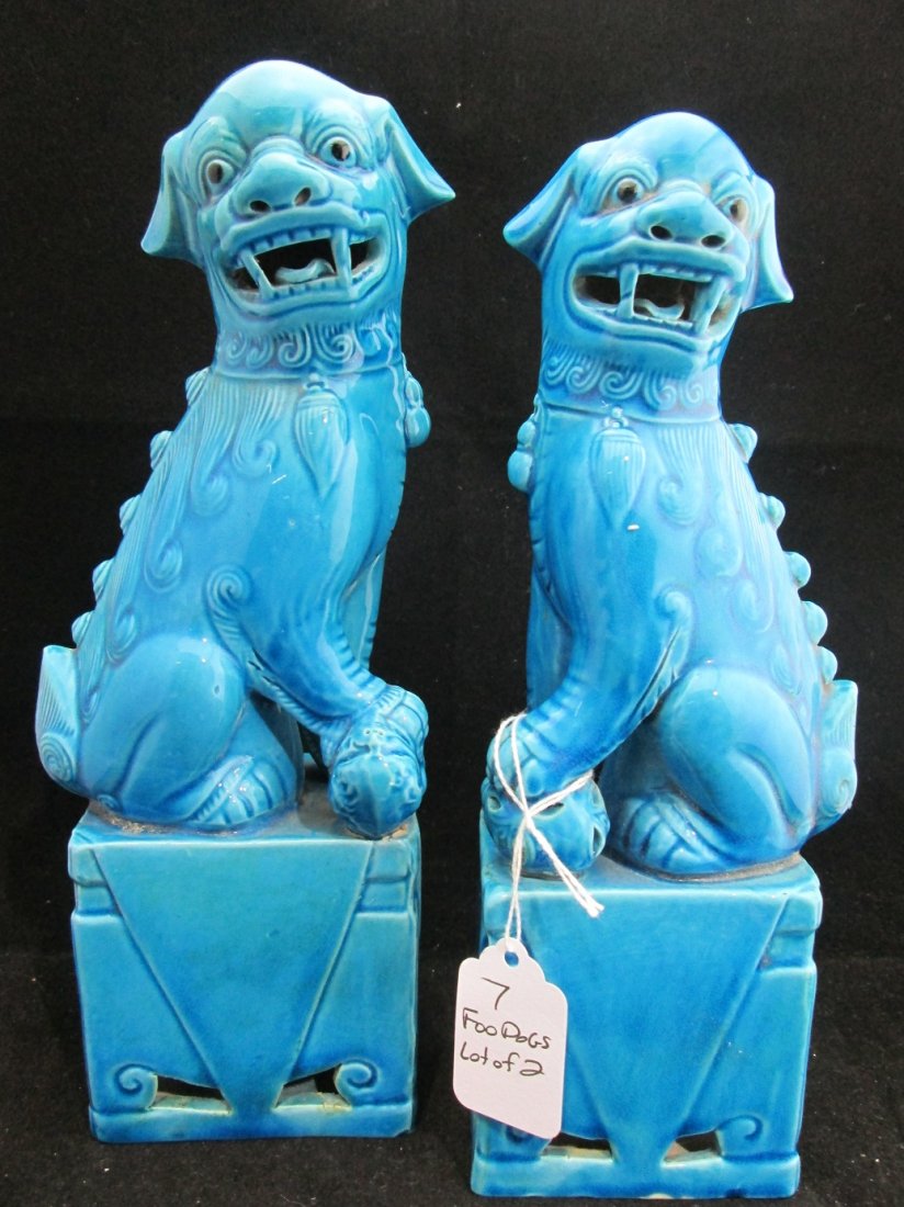 Pair of Very Early Hand Painted Porcelain Foo Dogs: Pair of Very Early Hand Painted Porcelain Foo Dogs