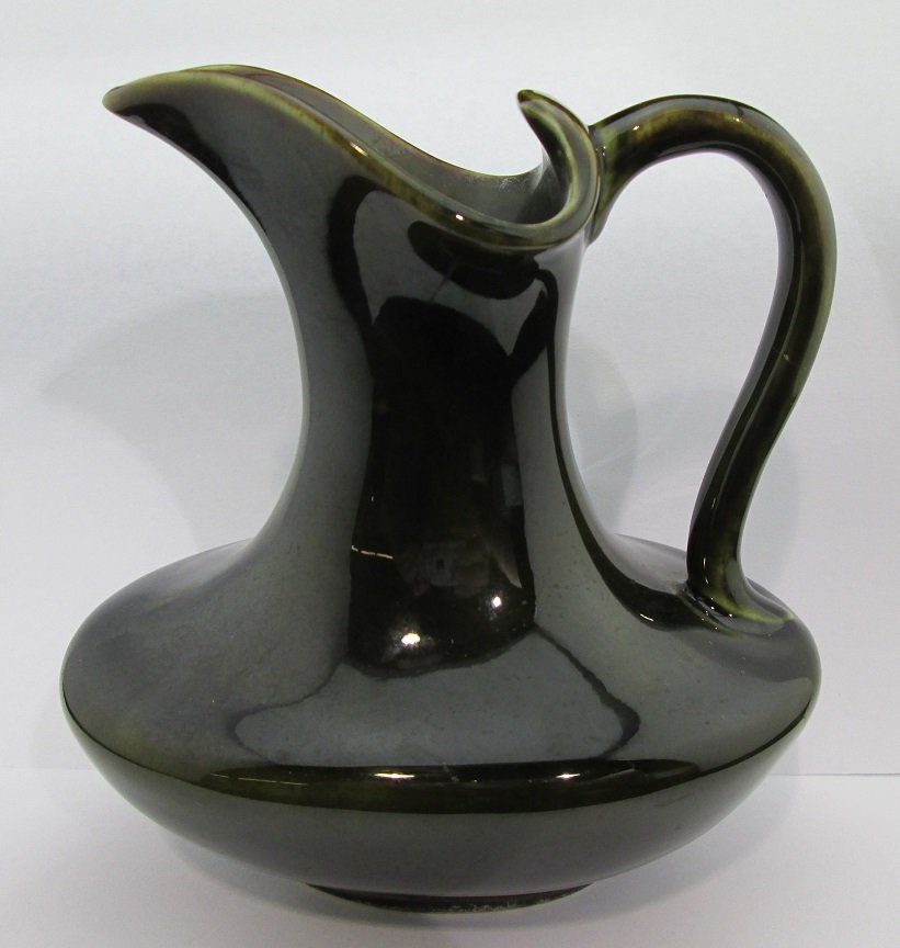 Rare Early Hampshire Pottery Dark Green Ewer c1883: high glaze dark olive green, marked JST & CO KEENE NH, 5.5" X 5.5" X 3.5"