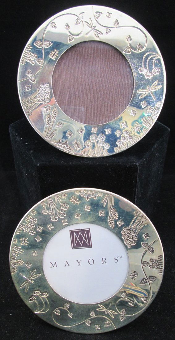 Pr of Birks Esty Sterling Silver Picture Frames: From Mayors Jewelry, French Riviera collection, etched floral motif, each 4.37" diameter, were $350 each in Mayors