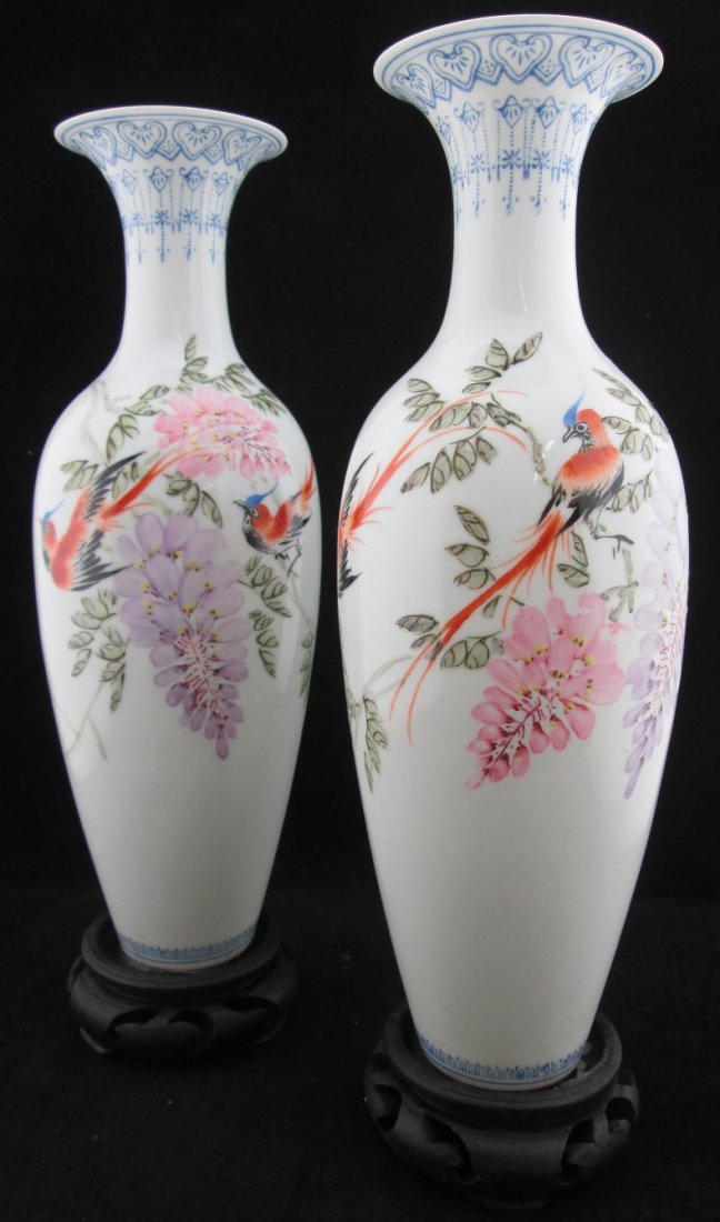 Pair of Hand Painted Oriental Vases: Very Delicate thin "egg shell" Vases, chopmark signed, 9.25" Not including the stands)