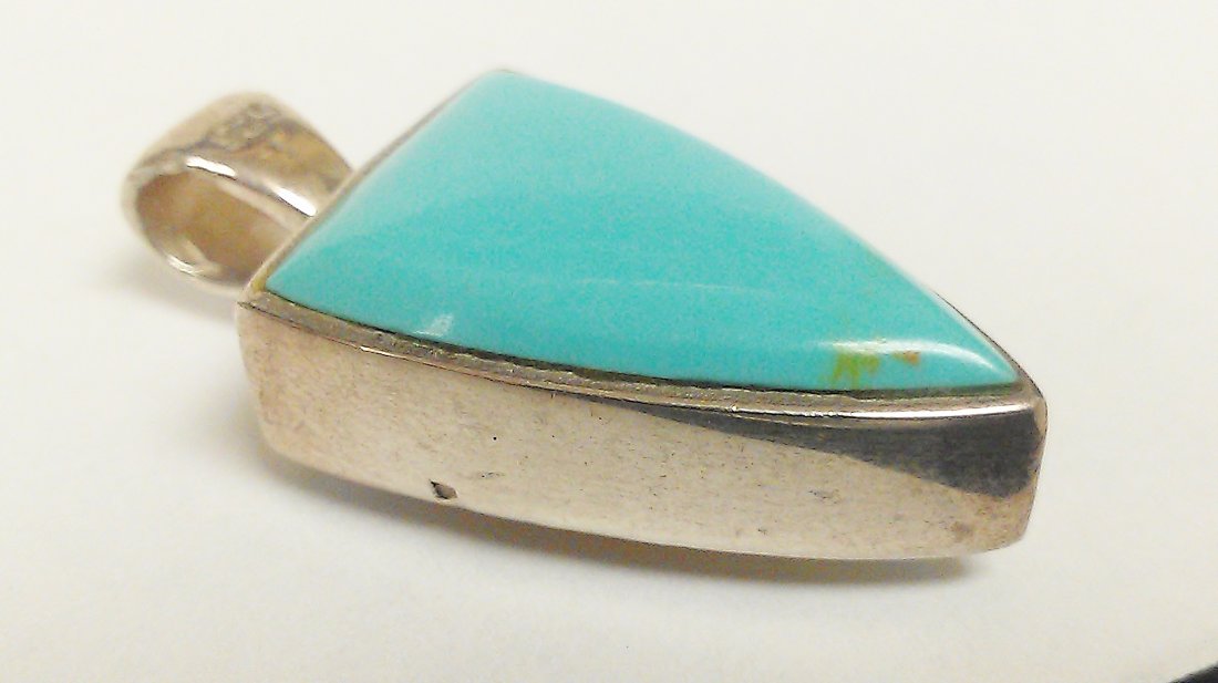 TURQUOISE & MOTHER OF PEARL PENDANT: LARGE STERLING SILVER DOUBLE SIDED TURQUOISE & MOTHER OF PEARL SPEAR HEAD CHARM PENDANT