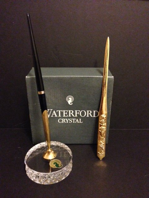 RARE Genuine WATERFORD Crystal & Gold Pen/Desk Set: Comes with a Pen & Gold Letter Opener