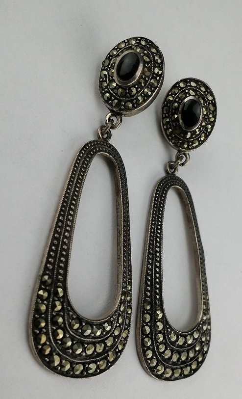 Large Vintage Sterling Silver & Marcasite Earrings: Large, Dangle Style