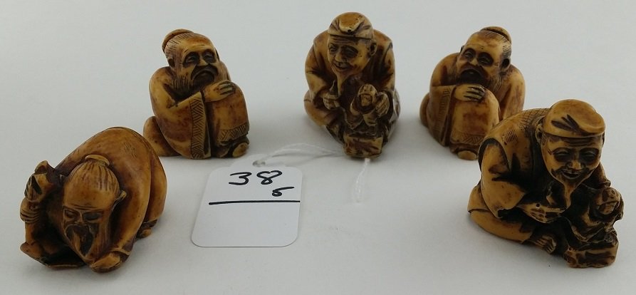 Set of 5 Tea Stained Netsukes: tea stained colored resin figures