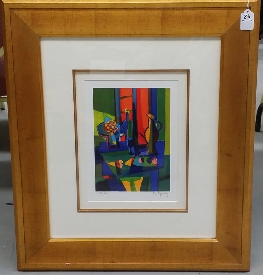 Marcel Mouly Signed Limited Lithograph: Lithograph in color on Rives paper. Title: "Les Raisons et Fenetre Rouge". Number 120/300. Image size is 9 13/16" x 7 1/16". Frame is 25 1/2" x 22 1/2" w/ COA
