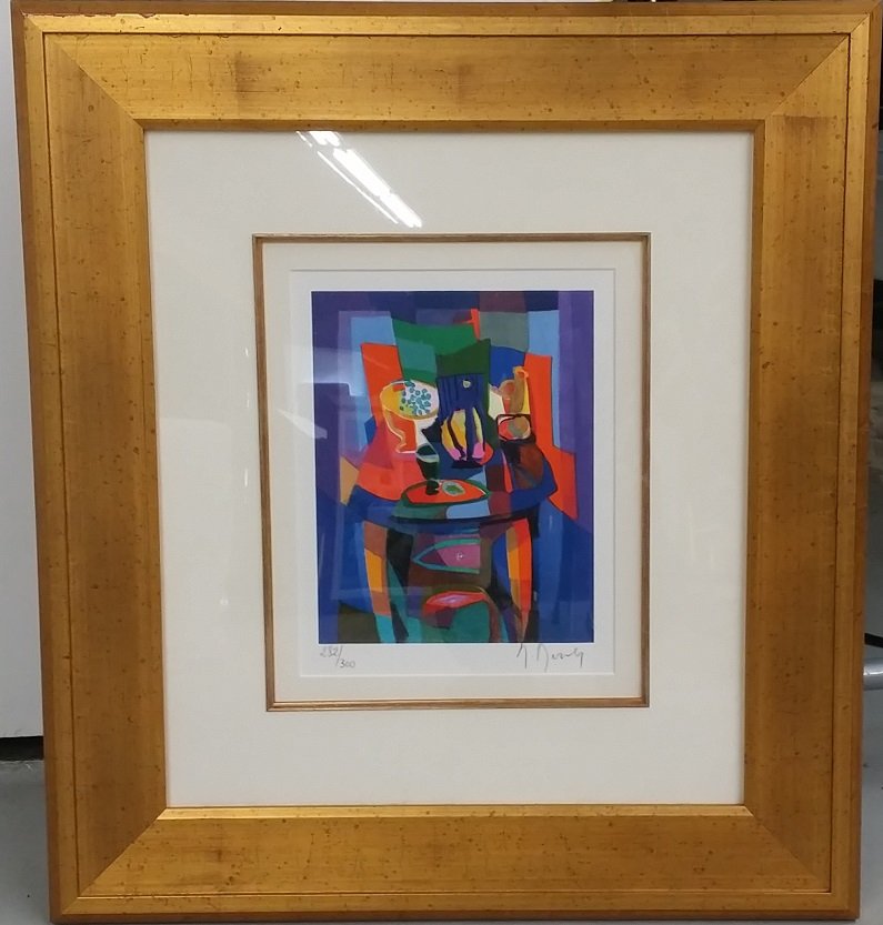 Marcel Mouly Signed Limited Lithograph: Lithograph in color on wove paper. Title: "Le Compotier Bicolore". Number 282/300. Image size is 9 3/4" x 7 7/16". Frame is 25 1/2" x 22 1/2" w/ COA