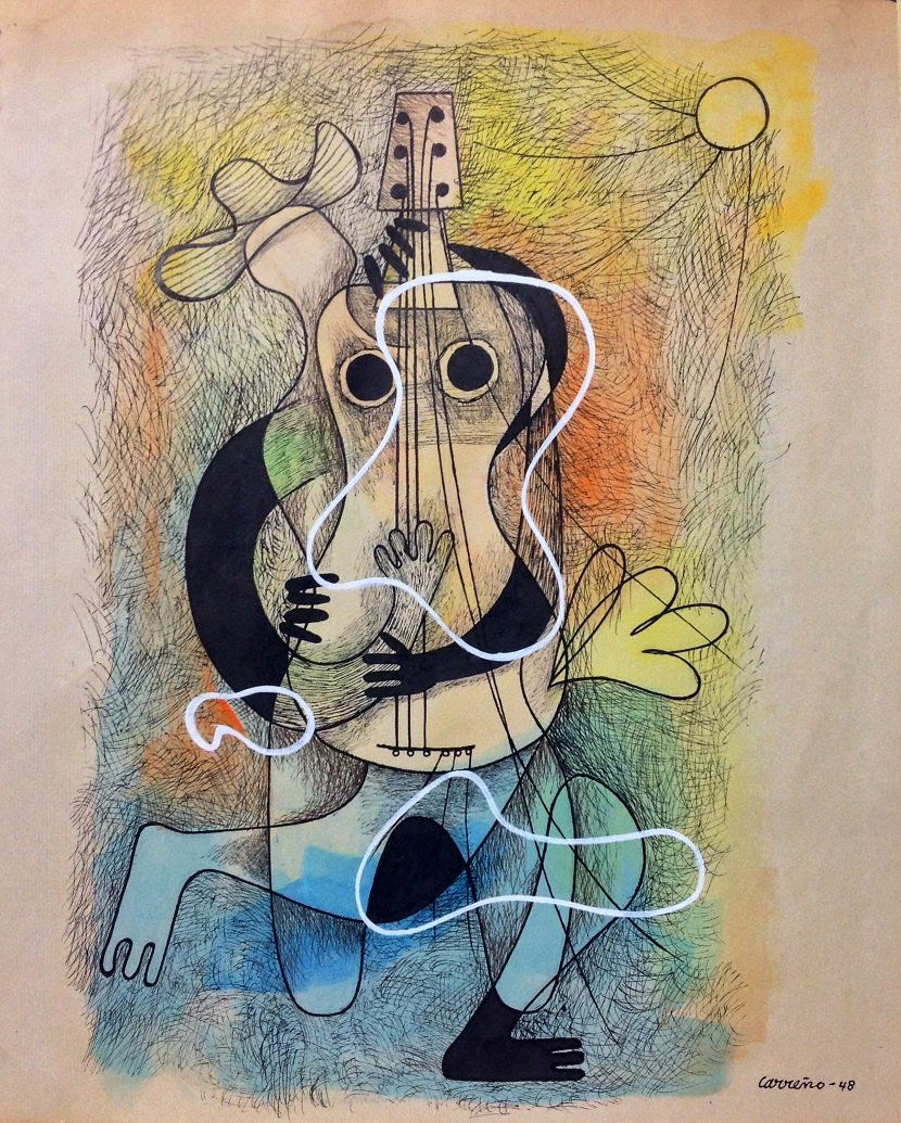 Mario Carreno (Cuban1913-1999) Painting: Artist: MARIO CARREÑO (Cuban1913-1999) Title: “Musico” Medium: Mixed Media on Paper Date of creation: 1948 Size: 15” x 12 1/2 ” (in)This Piece is accompanied by a COA by the widow, Mrs. Ida G