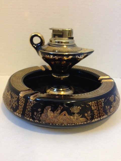 Handmade in Greece in 24kt Gold Smoking Set: Beautiful Large Table Lighter & Matching Ash Tray MUST SEE ALL PHOTOS