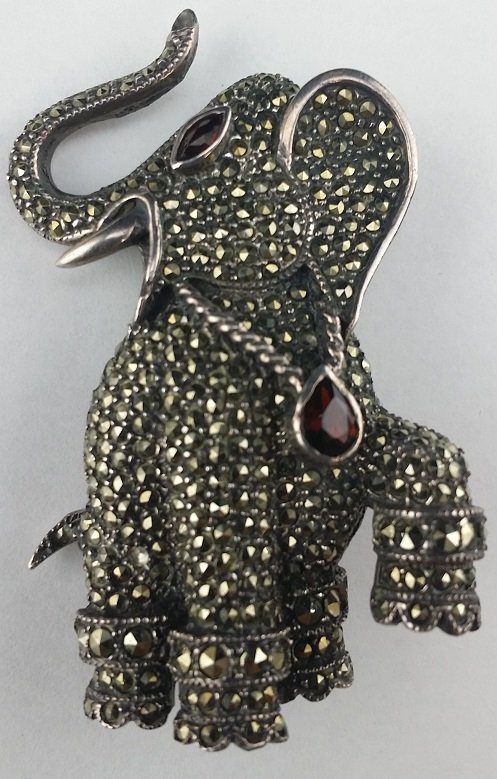 Large Sterling Silver & Marcasite Elephant Brooch: Heavy & Large Sterling Silver & Marcasite Elephant Brooch