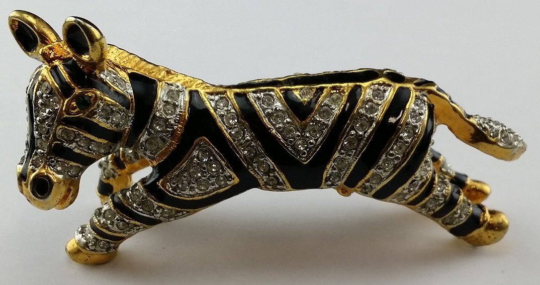 Large Enamel & Rhinestone Zebra Pin: 3.5" long