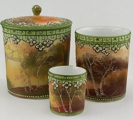 Vtg Nippon Hand Painted Set of 3: largest is 3.75" tall x 3.5" diameter (smallest piece has small chip)