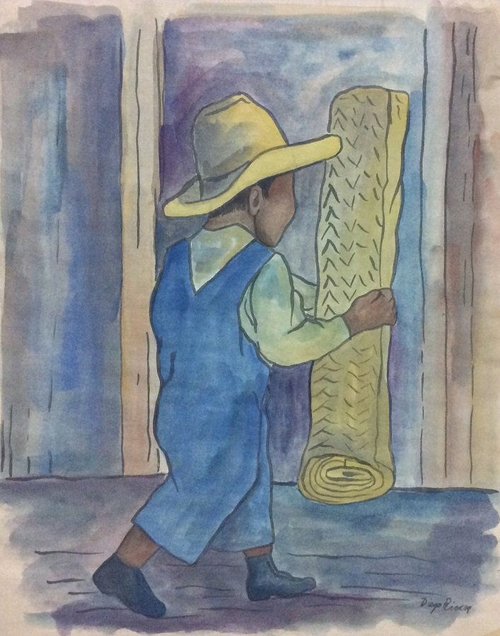 DIEGO RIVERA (Mexican 1856-1957): Title: "Hombre con Petate"Medium: Watercolor on Paper RiceDate of creation: 1934Size: 15" x 12" (in)Signed lower right DIEGO RIVERA, Excellent Condition, Private Collection Miami, Fl, United States, C