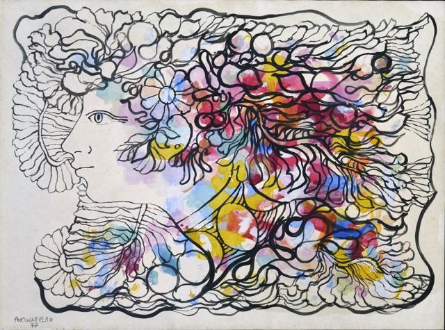 RENE PORTOCARRERO (Cuban1912-1985): Title: "Mujer Ornamentada" Medium: Tempera on Heavy Paper, Date of creation: 1977 Size: 19.5" x 26.25" (in) Signed lower right PORTOCARRERO 77, With COA from Fundacion Arte Cubano in Madrid Spain Sign