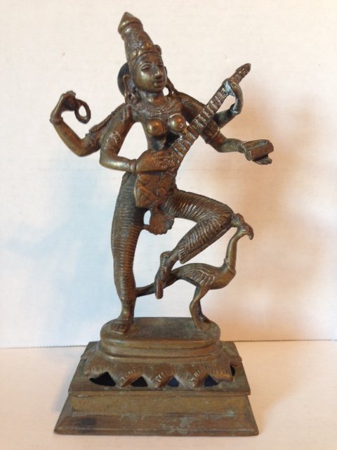 Antique Solid Bronze Hindu Goddess Playing Banjo: Multiple Photos Posted