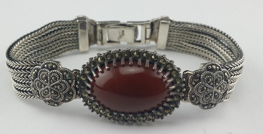 Heavy Sterling, Marcasite, & Cornelian Bracelet: 37.1 g