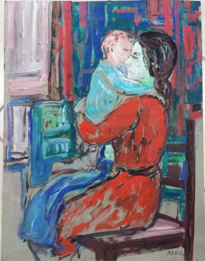 Vintage Marcel Oil on Board: double sided painting, signed lower right, 25.50" x 19.75"