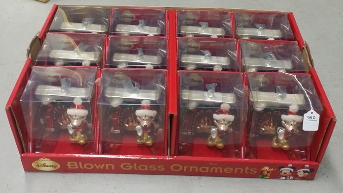 12 new large Disney Mickey Mouse glass ornaments: licensed Disney, MSRP $18.95 each, selling now on eBay for $10-$25 each, come in individual display boxes with countertop display