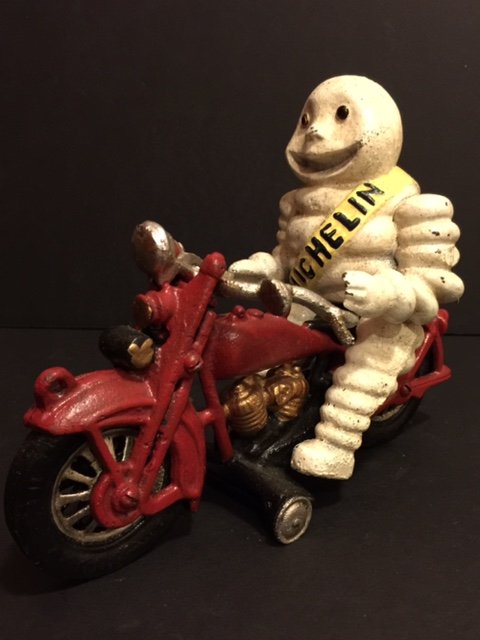 Vtg. Cast Iron Michelin Man / Harley Davidson Toy: MOTORCYCLE - Large Awesome Piece Multiple Photos Posted